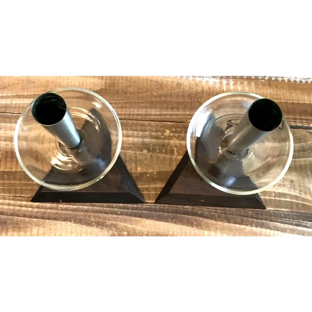 VTG MCM Walnut Wood Glass Candle Holders Pair Mid Century Modern Metal 8.25